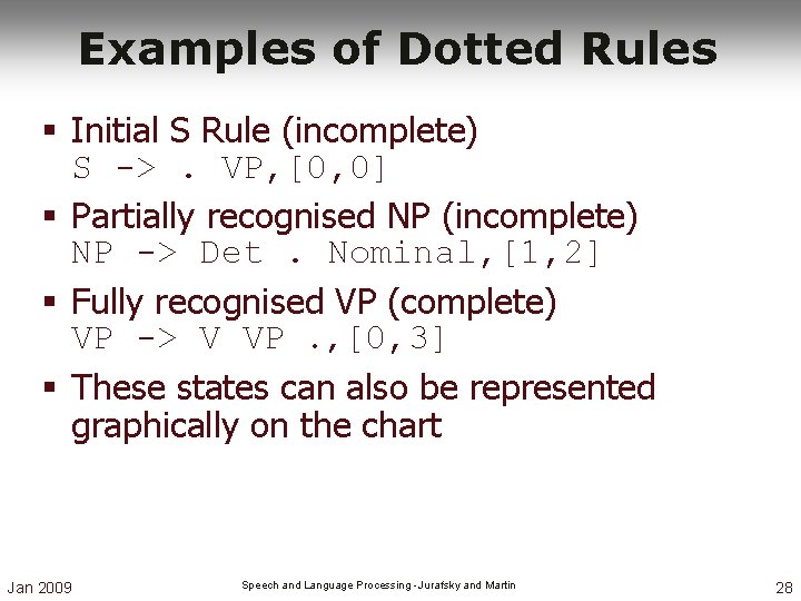 Examples of Dotted Rules § Initial S Rule (incomplete) S ->. VP, [0, 0]