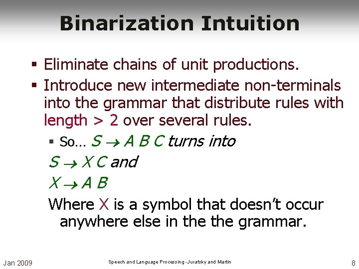 Binarization Intuition § Eliminate chains of unit productions. § Introduce new intermediate non-terminals into Binarization Intuition § Eliminate chains of unit productions. § Introduce new intermediate non-terminals into