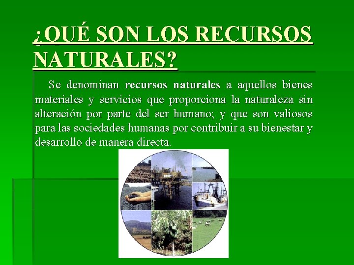 ¿QUÉ SON LOS RECURSOS NATURALES? Se denominan recursos naturales a aquellos bienes materiales y