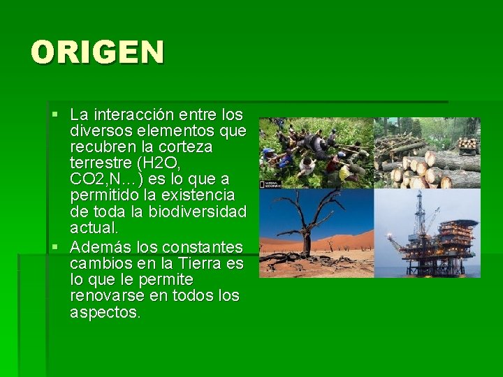 ORIGEN § La interacción entre los diversos elementos que recubren la corteza terrestre (H