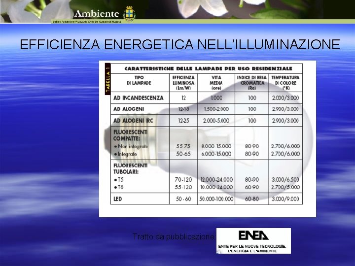 EFFICIENZA ENERGETICA NELL’ILLUMINAZIONE Tratto da pubblicazione: 