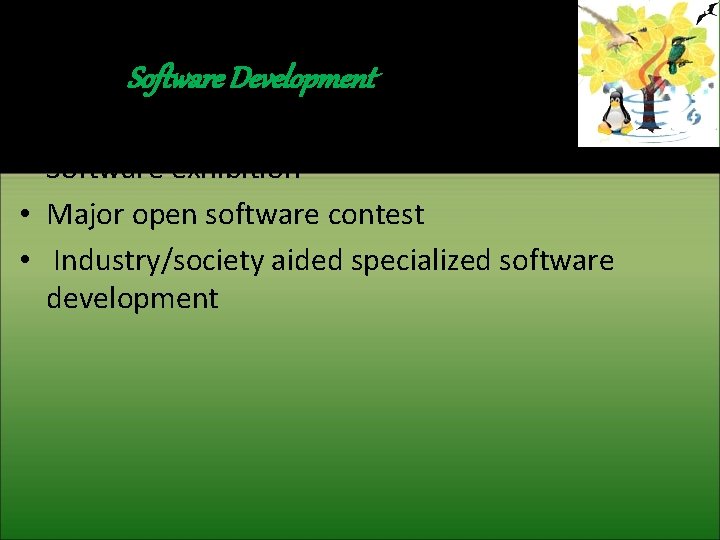 Software Development • Software exhibition • Major open software contest • Industry/society aided specialized
