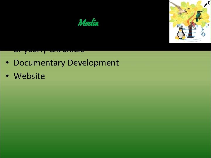 Media • Bi-yearly Chronicle • Documentary Development • Website 