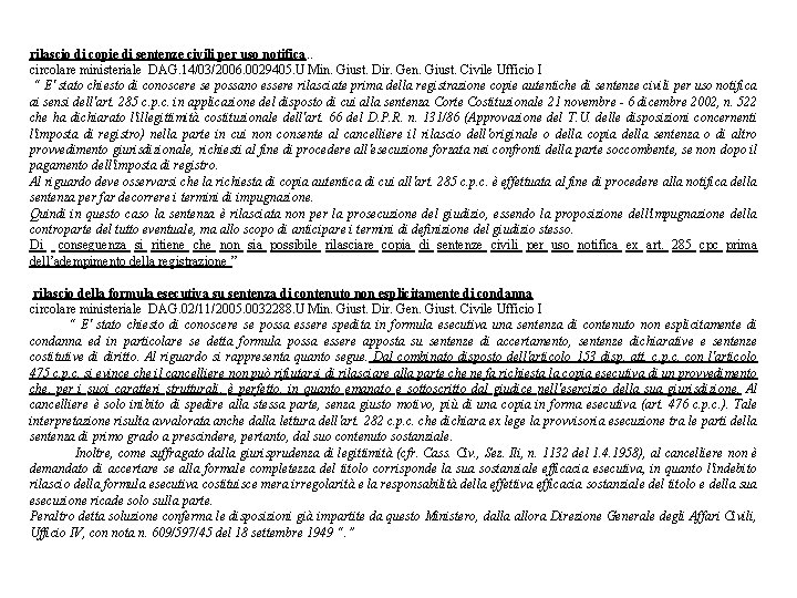 rilascio di copie di sentenze civili per uso notifica. . circolare ministeriale DAG. 14/03/2006.