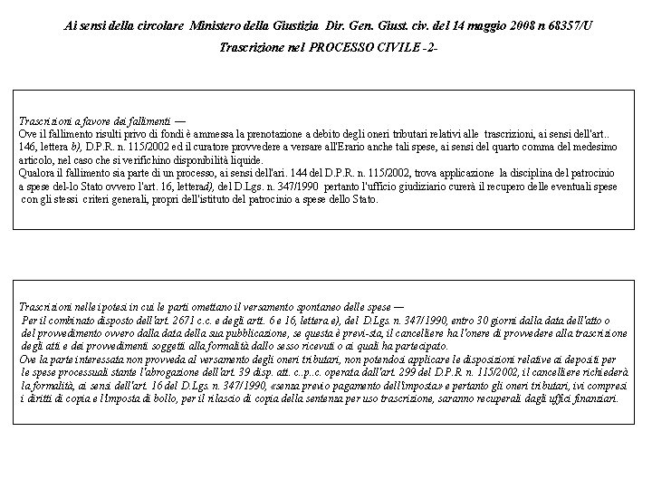 Ai sensi della circolare Ministero della Giustizia Dir. Gen. Giust. civ. del 14 maggio