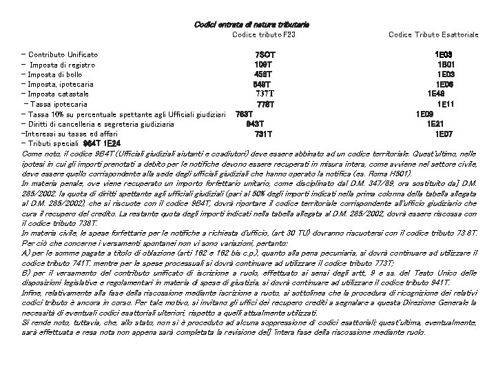 Codici entrata di natura tributaria - Contributo Unificato - Imposta di registro - Imposta