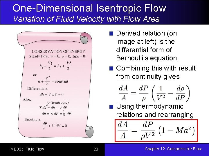 One-Dimensional Isentropic Flow Variation of Fluid Velocity with Flow Area Derived relation (on image