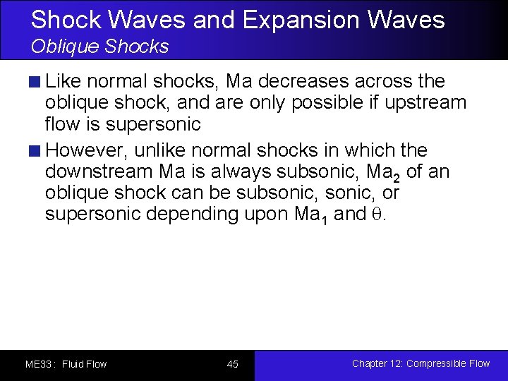 Shock Waves and Expansion Waves Oblique Shocks Like normal shocks, Ma decreases across the