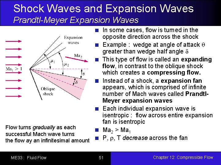 Shock Waves and Expansion Waves Prandtl-Meyer Expansion Waves Flow turns gradually as each successful