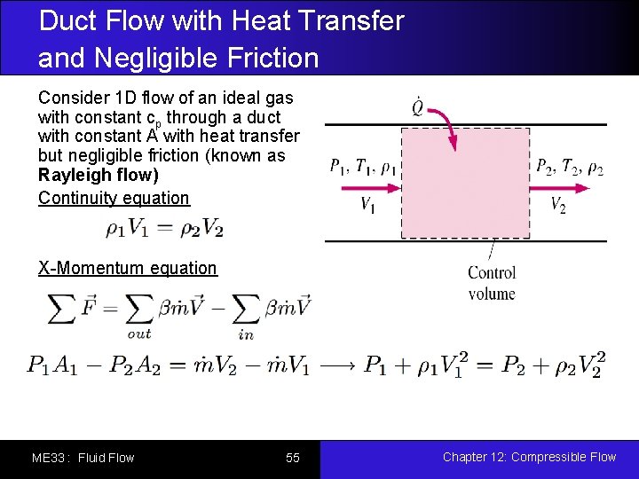 Duct Flow with Heat Transfer and Negligible Friction Consider 1 D flow of an