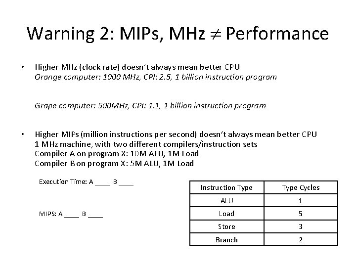 Warning 2: MIPs, MHz Performance • Higher MHz (clock rate) doesn’t always mean better