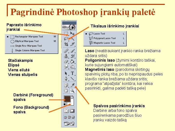 Pagrindinė Photoshop įrankių paletė Paprasto išrinkimo įrankiai Stačiakampis Elipsė Viena eilutė Vienas stulpelis Tikslaus