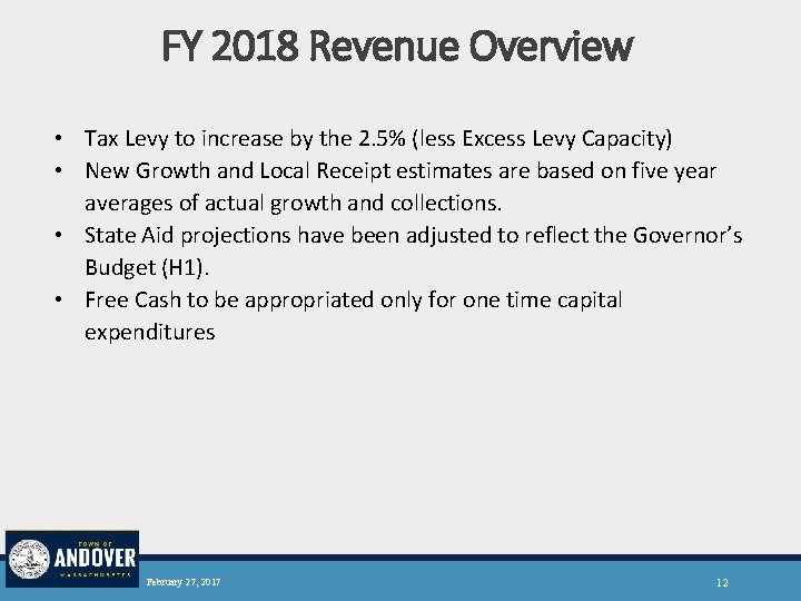 FY 2018 Revenue Overview • Tax Levy to increase by the 2. 5% (less