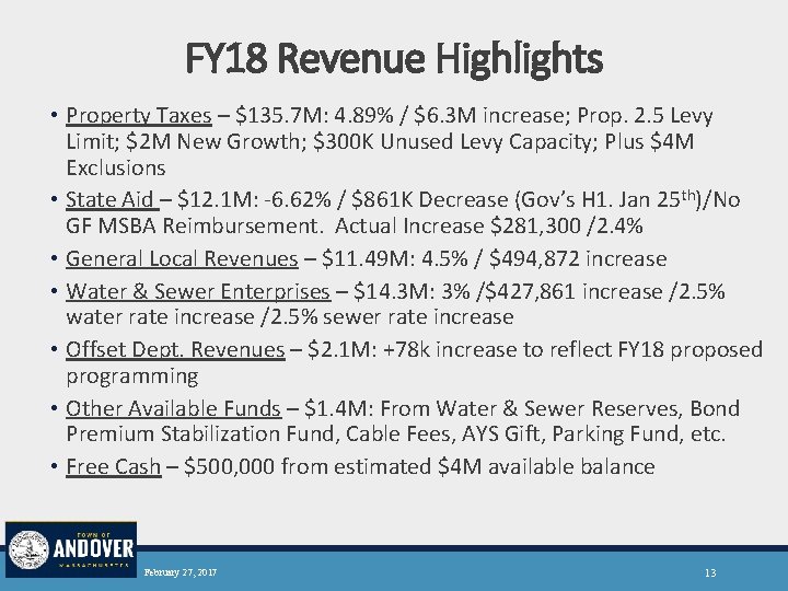 FY 18 Revenue Highlights • Property Taxes – $135. 7 M: 4. 89% /