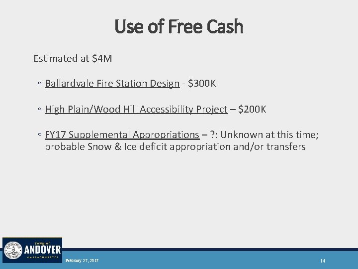 Use of Free Cash Estimated at $4 M ◦ Ballardvale Fire Station Design -