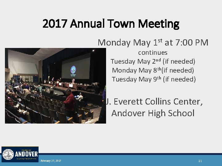 2017 Annual Town Meeting Monday May 1 st at 7: 00 PM continues Tuesday
