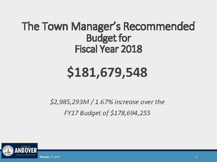 The Town Manager’s Recommended Budget for Fiscal Year 2018 $181, 679, 548 $2, 985,
