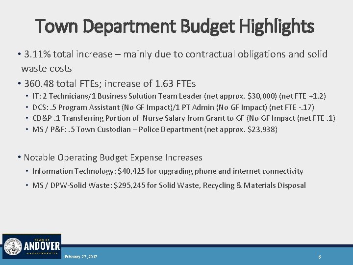 Town Department Budget Highlights • 3. 11% total increase – mainly due to contractual