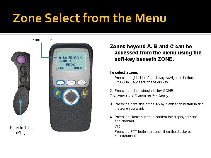 Zone Select from the Menu Zone Letter A SO FD MAIN 9218101 PROG ZONE