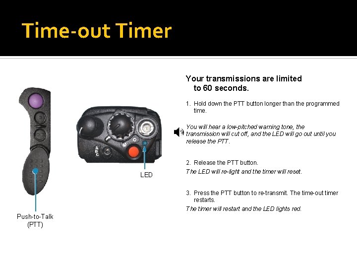 Time-out Timer Your transmissions are limited to 60 seconds. 1. Hold down the PTT