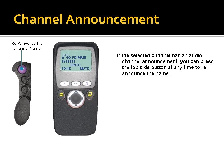 Channel Announcement Re-Announce the Channel Name A SO FD MAIN 9218101 PROG ZONE MUTE