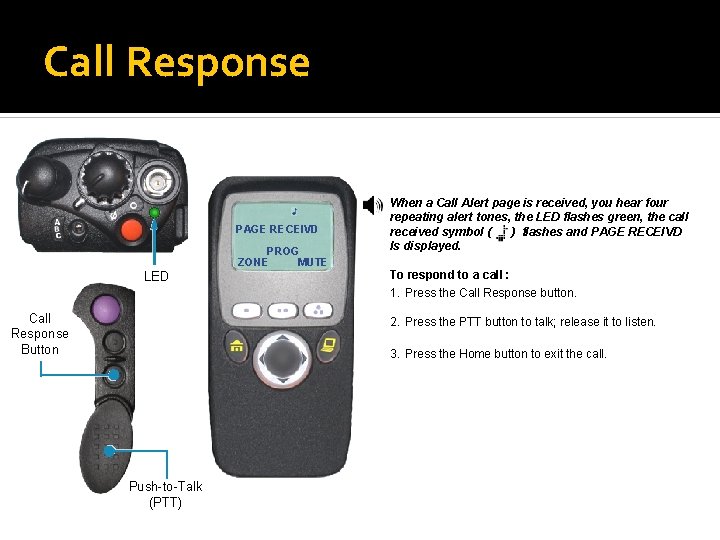 Call Response PAGE RECEIVD PROG ZONE MUTE LED Call Response Button When a Call