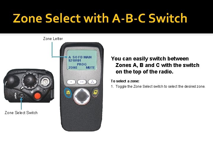 Zone Select with A-B-C Switch Zone Letter A SO FD MAIN 9218101 PROG ZONE