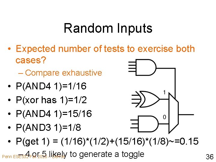 Random Inputs • Expected number of tests to exercise both cases? – Compare exhaustive