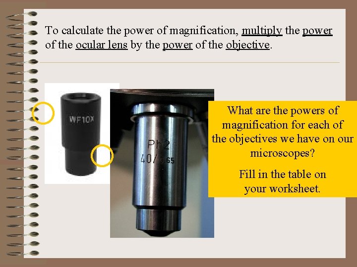 To calculate the power of magnification, multiply the power of the ocular lens by