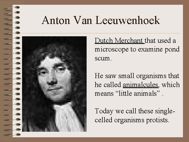 Anton Van Leeuwenhoek Dutch Merchant that used a microscope to examine pond scum. He