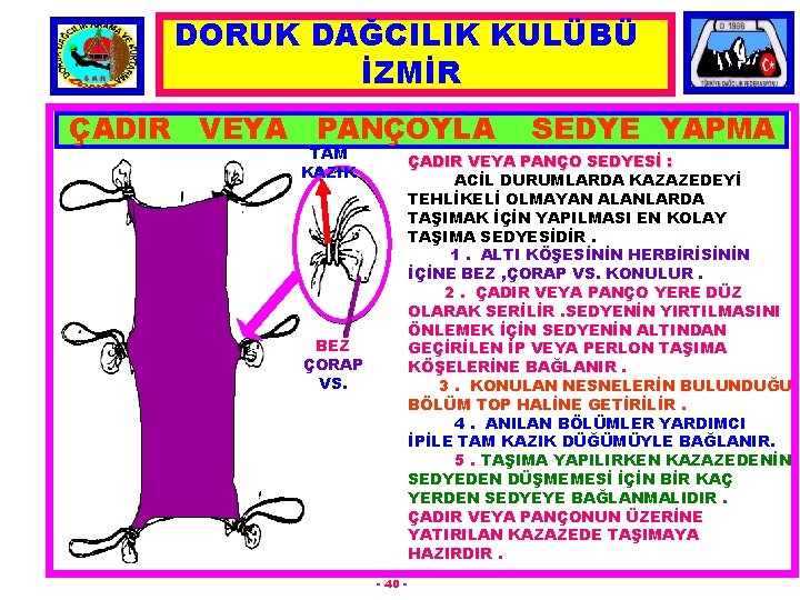 DORUK DAĞCILIK KULÜBÜ İZMİR ÇADIR VEYA PANÇOYLA TAM KAZIK SEDYE YAPMA ÇADIR VEYA PANÇO