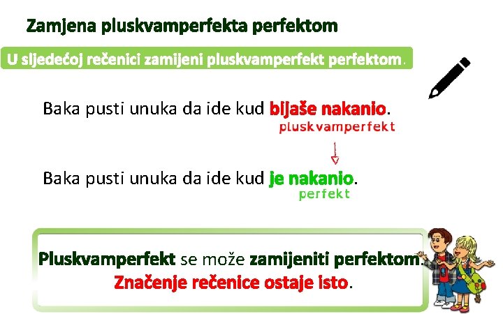 Zamjena pluskvamperfekta perfektom U sljedećoj rečenici zamijeni pluskvamperfektom. Baka pusti unuka da ide kud