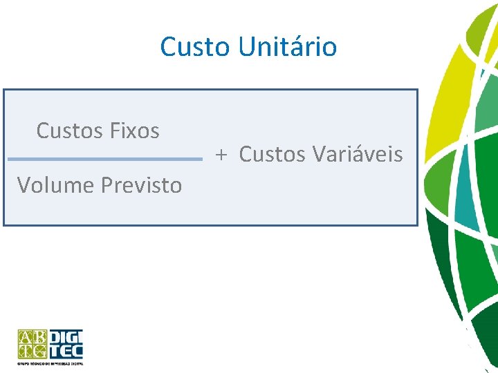 Custo Unitário Custos Fixos Volume Previsto + Custos Variáveis 