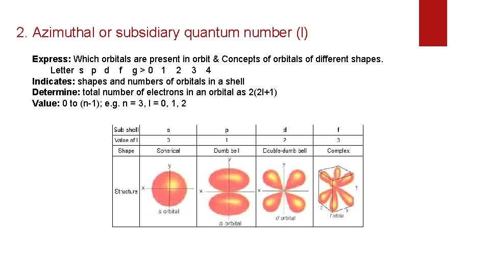 2. Azimuthal or subsidiary quantum number (l) Express: Which orbitals are present in orbit