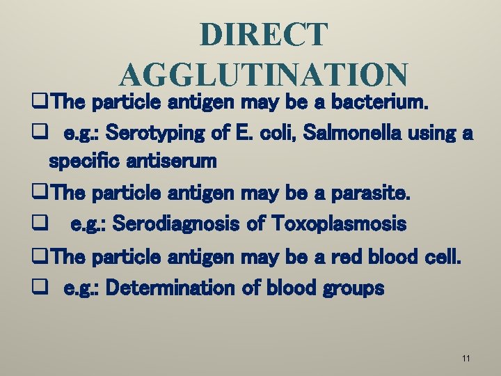 DIRECT AGGLUTINATION q. The particle antigen may be a bacterium. q e. g. :
