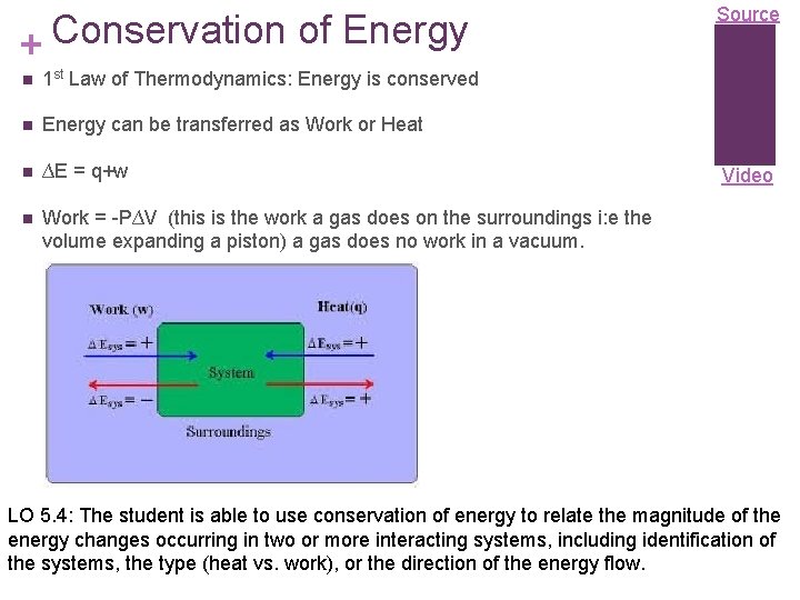 Conservation of Energy + n 1 st Law of Thermodynamics: Energy is conserved n