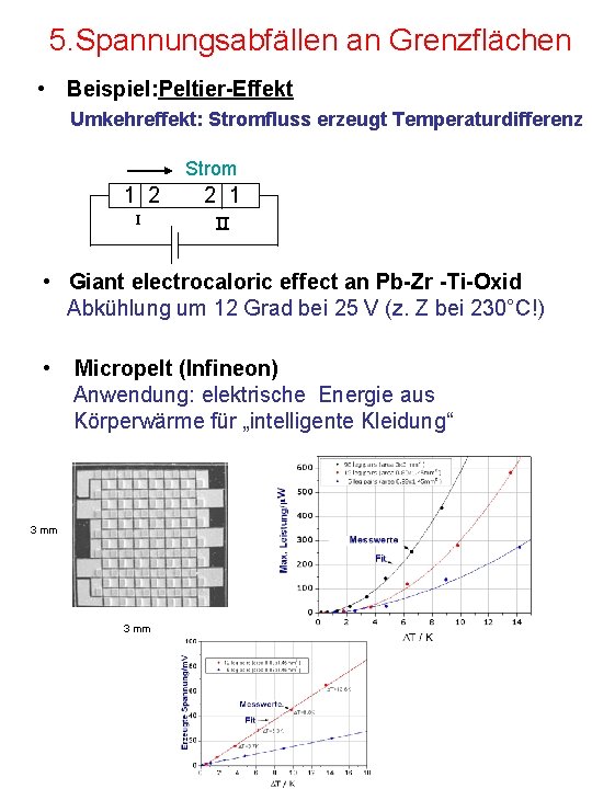 5. Spannungsabfällen an Grenzflächen • Beispiel: Peltier-Effekt Umkehreffekt: Stromfluss erzeugt Temperaturdifferenz Strom 1 2