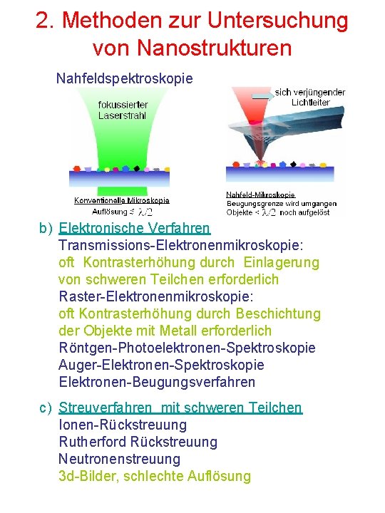 2. Methoden zur Untersuchung von Nanostrukturen Nahfeldspektroskopie b) Elektronische Verfahren Transmissions-Elektronenmikroskopie: oft Kontrasterhöhung durch