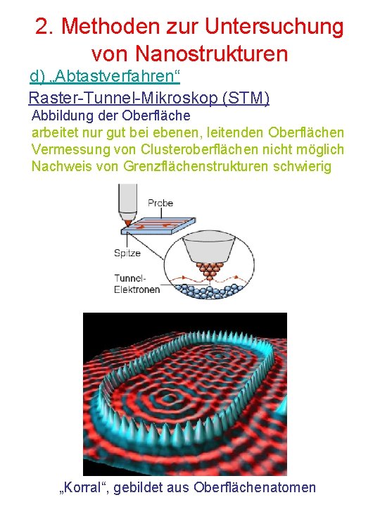 2. Methoden zur Untersuchung von Nanostrukturen d) „Abtastverfahren“ Raster-Tunnel-Mikroskop (STM) Abbildung der Oberfläche arbeitet
