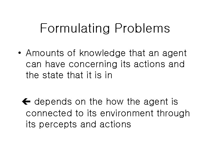 Formulating Problems • Amounts of knowledge that an agent can have concerning its actions
