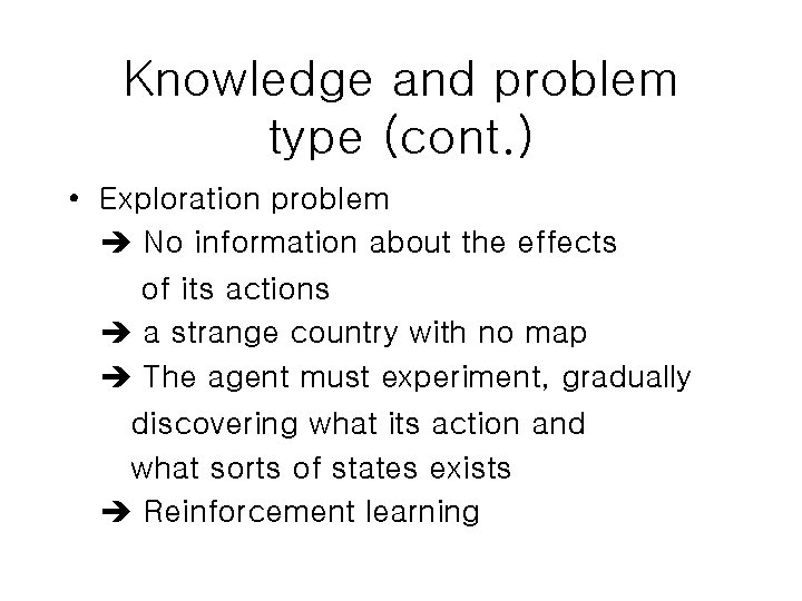 Knowledge and problem type (cont. ) • Exploration problem No information about the effects