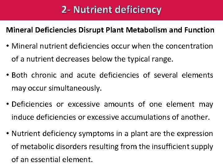 2 - Nutrient deficiency Mineral Deficiencies Disrupt Plant Metabolism and Function • Mineral nutrient