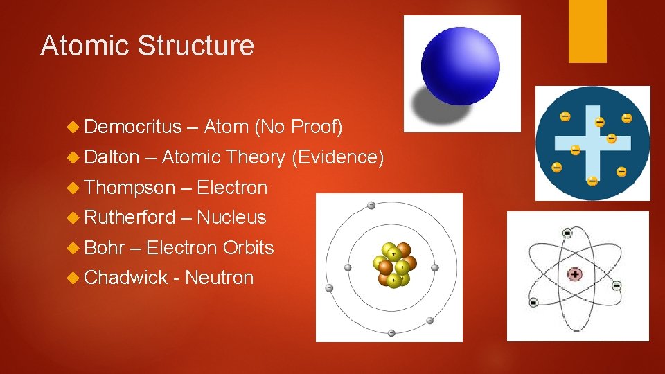 Atomic Structure Democritus Dalton – Atom (No Proof) – Atomic Theory (Evidence) Thompson –