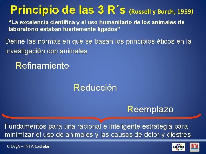 Principio de las 3 R´s (Russell y Burch, 1959) “La excelencia científica y el