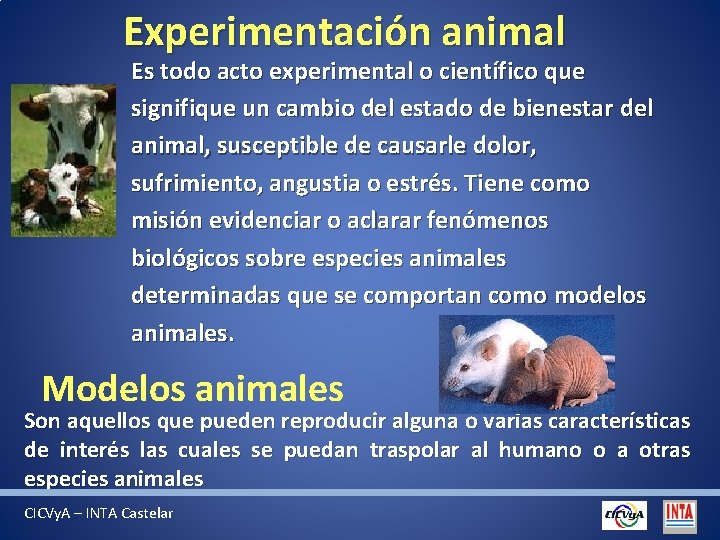 Experimentación animal Es todo acto experimental o científico que signifique un cambio del estado