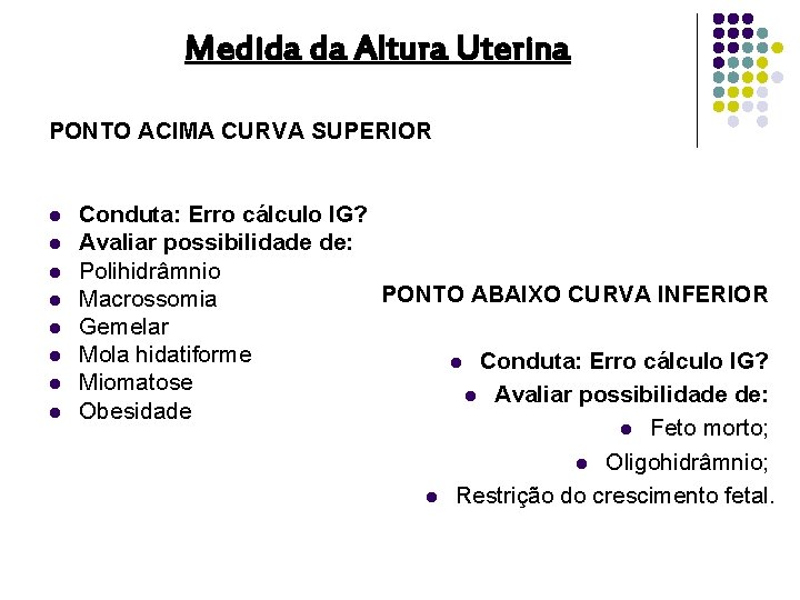 Medida da Altura Uterina PONTO ACIMA CURVA SUPERIOR l l l l Conduta: Erro