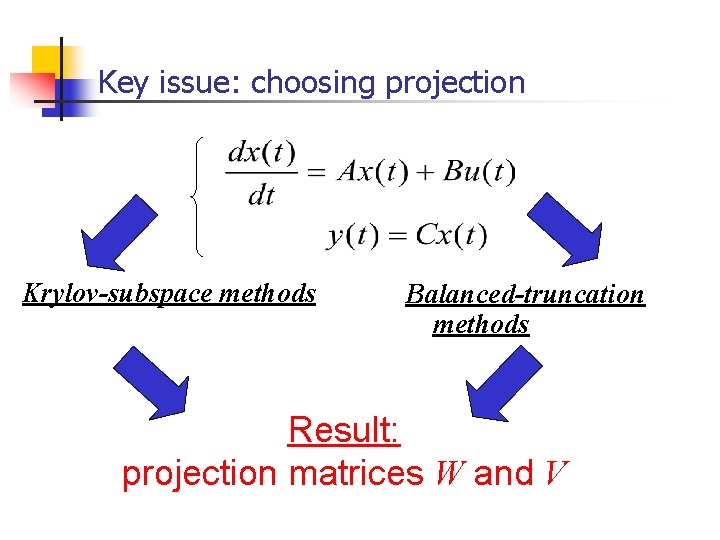 Key issue: choosing projection Krylov-subspace methods Balanced-truncation methods Result: projection matrices W and V