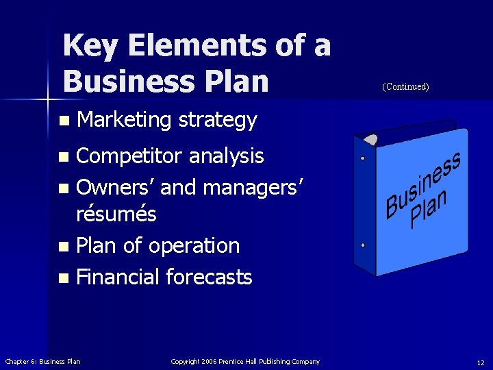 Key Elements of a Business Plan n (Continued) Marketing strategy Competitor analysis n Owners’