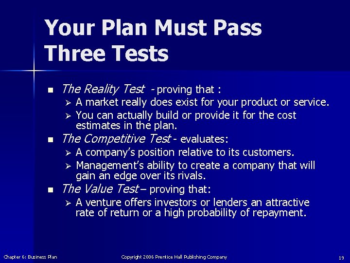 Your Plan Must Pass Three Tests n The Reality Test - proving that :