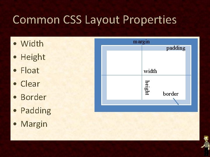 Common CSS Layout Properties Width Height Float Clear Border Padding Margin margin padding width Common CSS Layout Properties Width Height Float Clear Border Padding Margin margin padding width